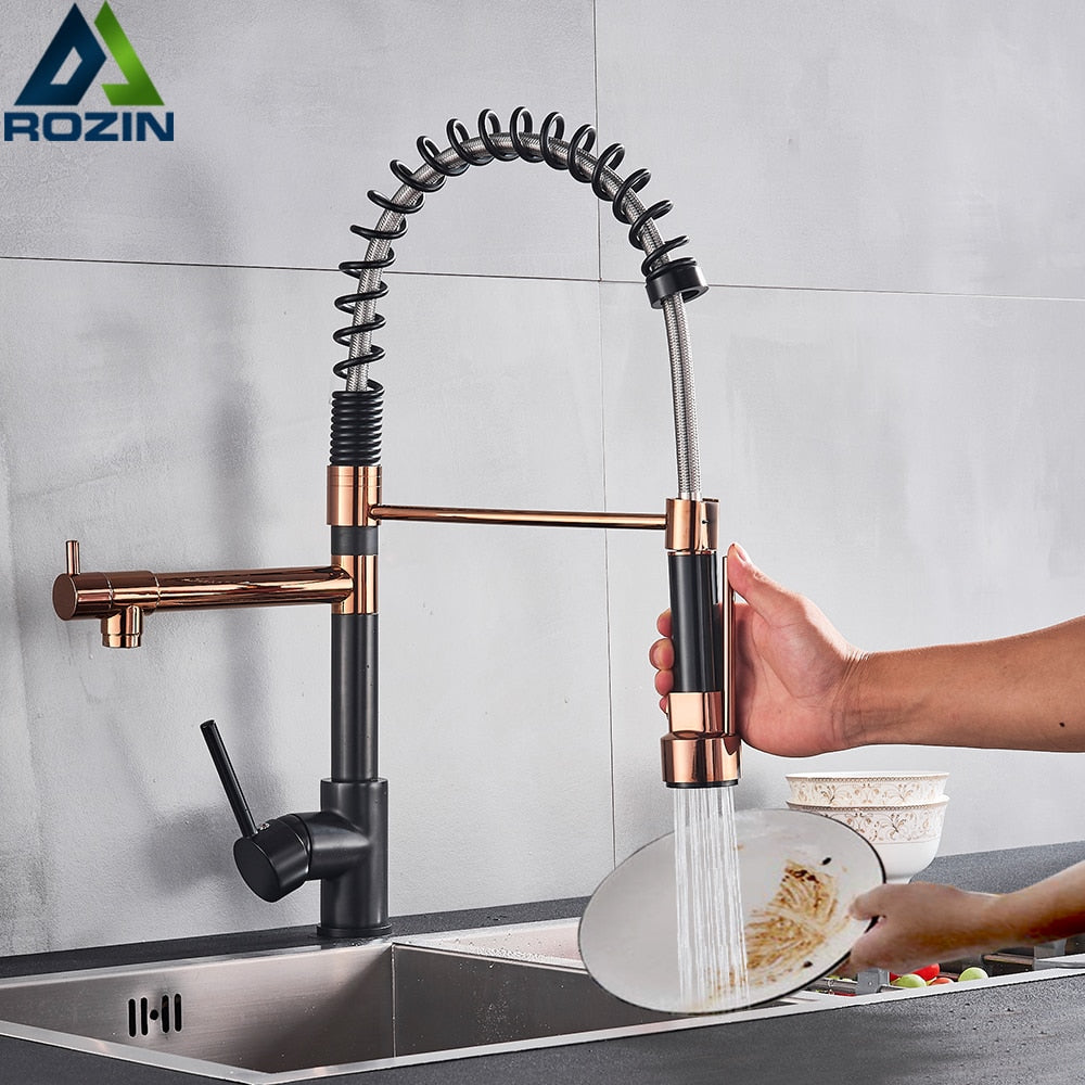 Rozin Black and Rose Golden Spring Pull Down Faucet – Where Elegance Meets Functionality!